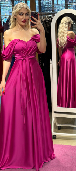 Fuchsia Flared Skirt Satin Long Evening Dress 7350 