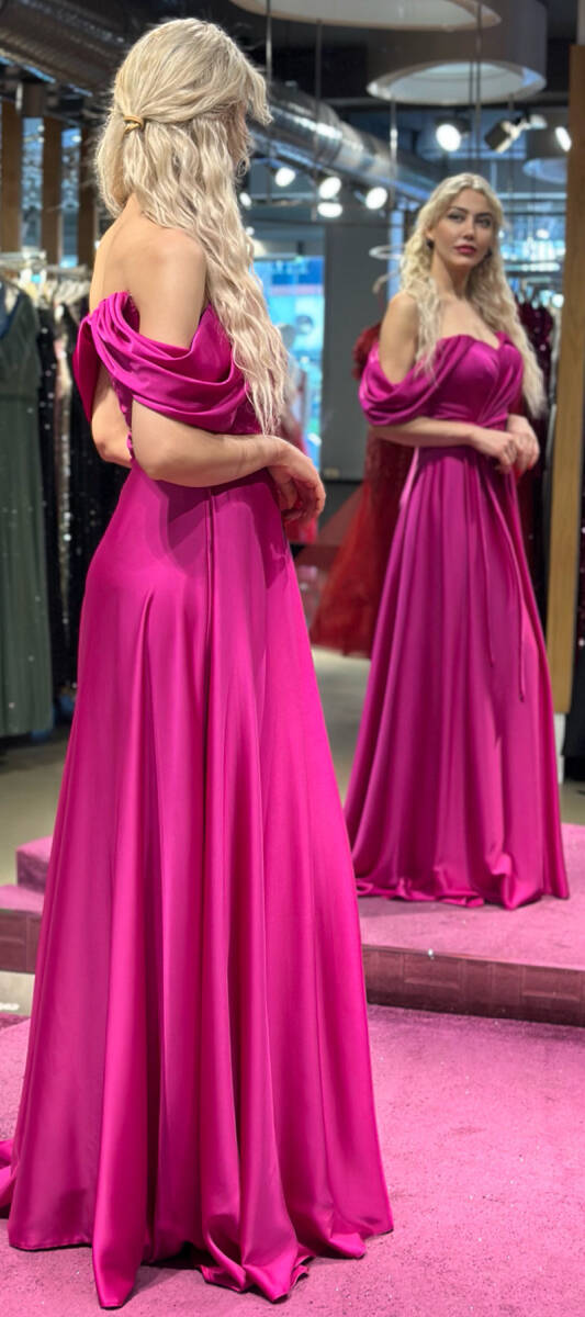 Fuchsia Flared Skirt Satin Long Evening Dress 7350 - 3