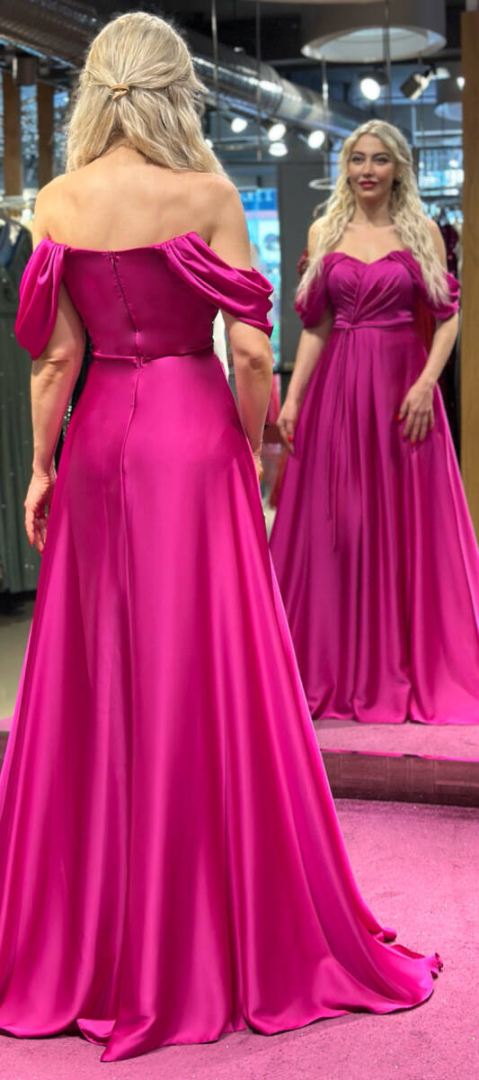 Fuchsia Flared Skirt Satin Long Evening Dress 7350 - 5