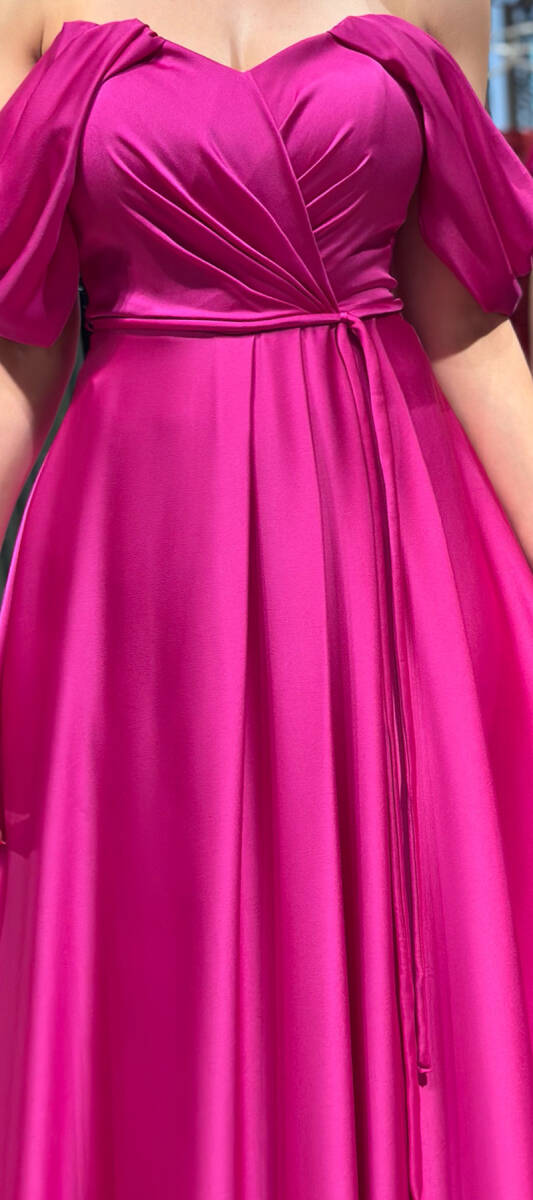 Fuchsia Flared Skirt Satin Long Evening Dress 7350 - 4