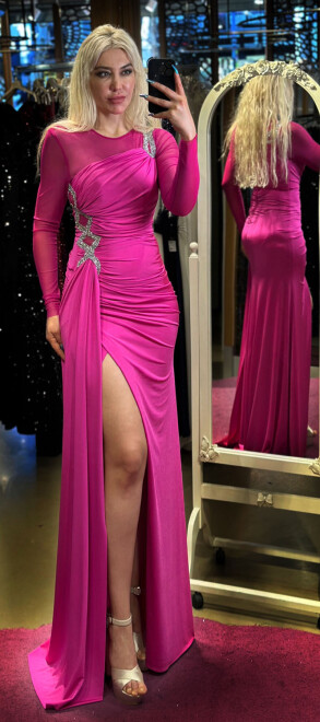 Fuchsia Long Sleeve Stone Detailed Slit Lycra Long Evening Dress 7450 - 1