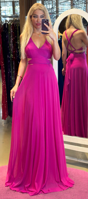 Fuchsia Low-Cut Back Flared Skirt Lycra Long Evening Dress 6556 