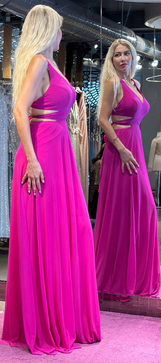 Fuchsia Low-Cut Back Flared Skirt Lycra Long Evening Dress 6556 - 3