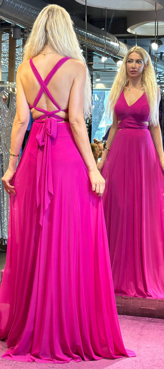 Fuchsia Low-Cut Back Flared Skirt Lycra Long Evening Dress 6556 - 5