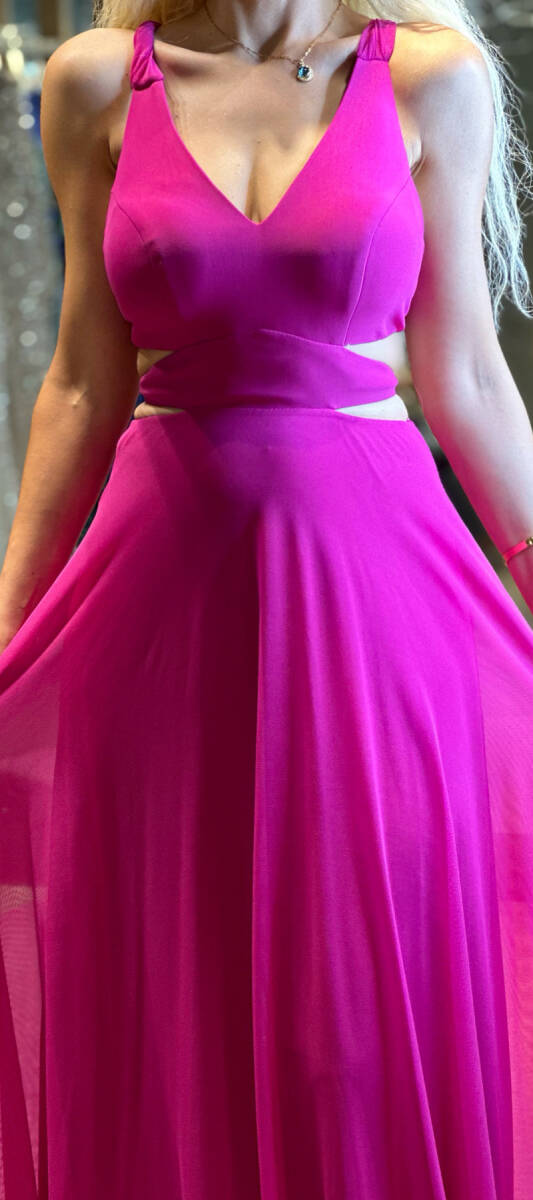 Fuchsia Low-Cut Back Flared Skirt Lycra Long Evening Dress 6556 - 4