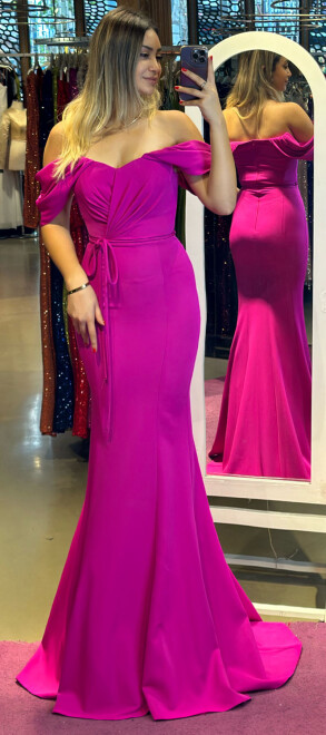 Fuchsia Low Sleeve Mermaid Skirt Crepe Long Evening Dress 7418 - 1