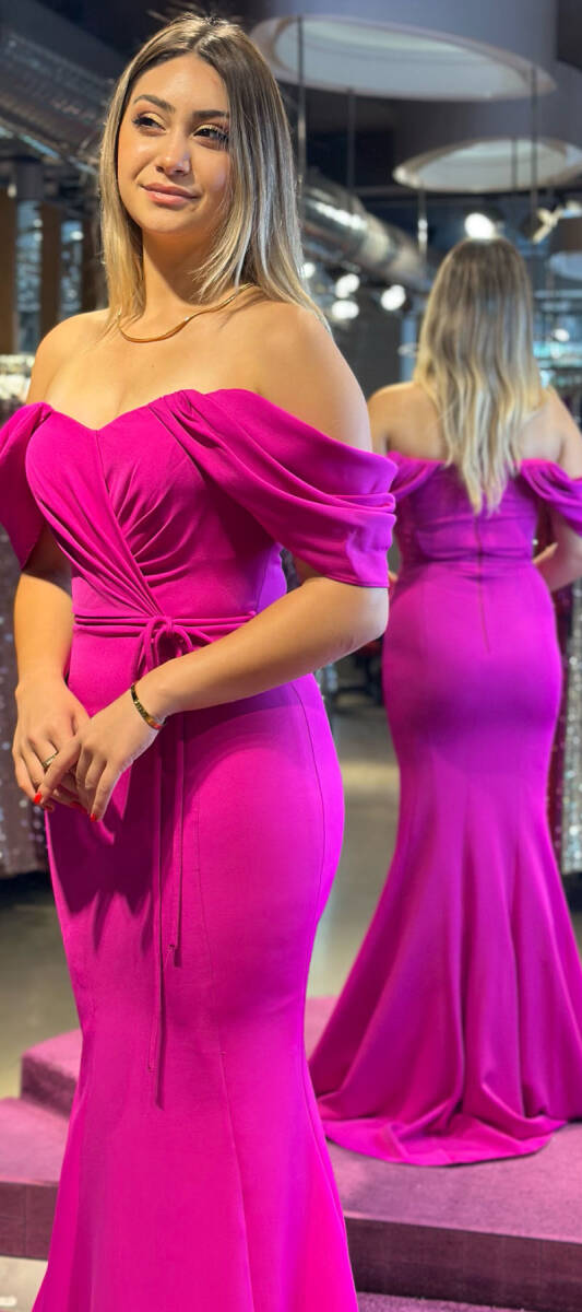 Fuchsia Low Sleeve Mermaid Skirt Crepe Long Evening Dress 7418 - 3