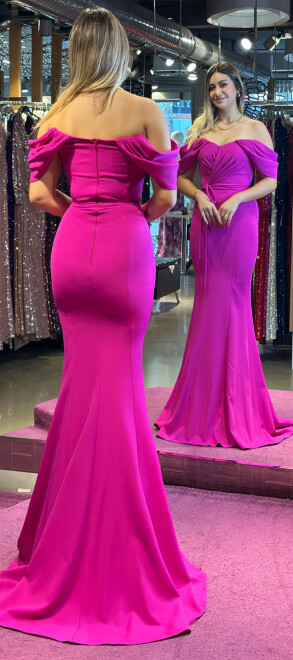 Fuchsia Low Sleeve Mermaid Skirt Crepe Long Evening Dress 7418 - 5