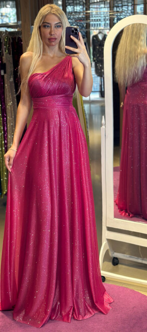 Fuchsia One Shoulder Belted Flared Skirt Glitter Fabric Long Evening Dress 7015 - 1