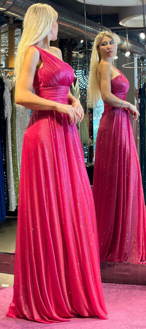 Fuchsia One Shoulder Belted Flared Skirt Glitter Fabric Long Evening Dress 7015 - 3