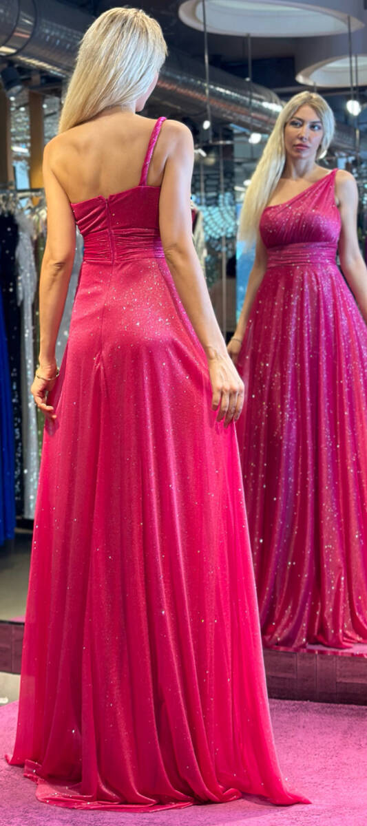 Fuchsia One Shoulder Belted Flared Skirt Glitter Fabric Long Evening Dress 7015 - 5