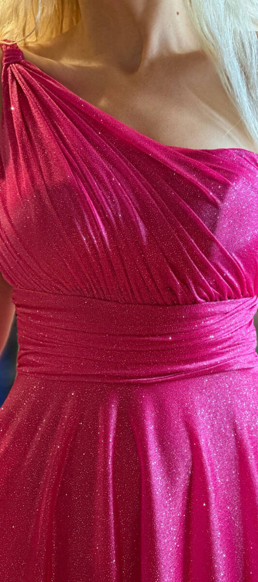 Fuchsia One Shoulder Belted Flared Skirt Glitter Fabric Long Evening Dress 7015 - 4