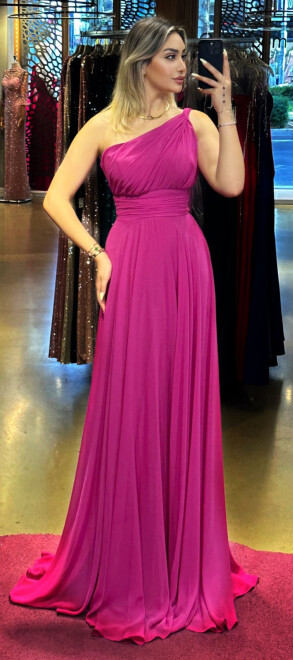 Fuchsia One Shoulder Flared Skirt Chiffon Long Evening Dress 7517 