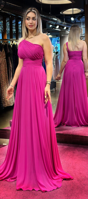 Fuchsia One Shoulder Flared Skirt Chiffon Long Evening Dress 7517 - 3