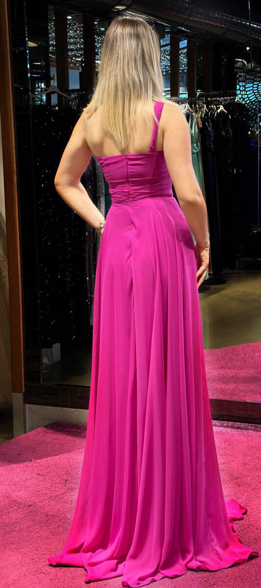 Fuchsia One Shoulder Flared Skirt Chiffon Long Evening Dress 7517 - 5