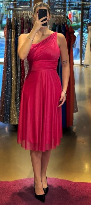 Fuchsia One Shoulder Flared Skirt Glitter Midi Evening Dress 7000 