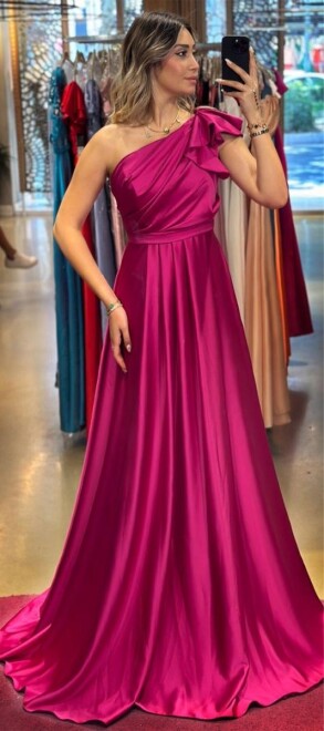 Fuchsia One Shoulder Flared Skirt Satin Long Evening Dress 7501 