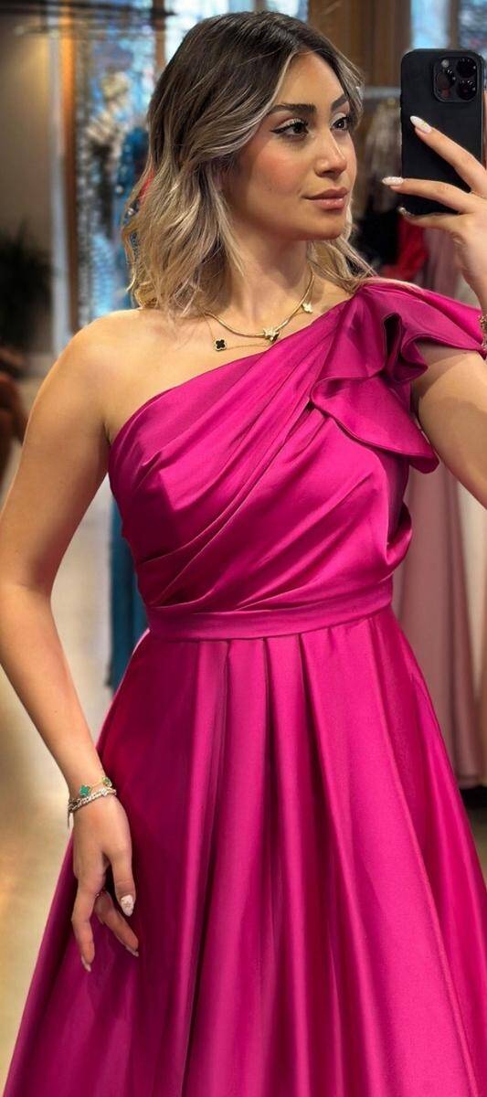 Fuchsia One Shoulder Flared Skirt Satin Long Evening Dress 7501 - 2