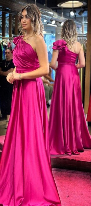 Fuchsia One Shoulder Flared Skirt Satin Long Evening Dress 7501 - 3