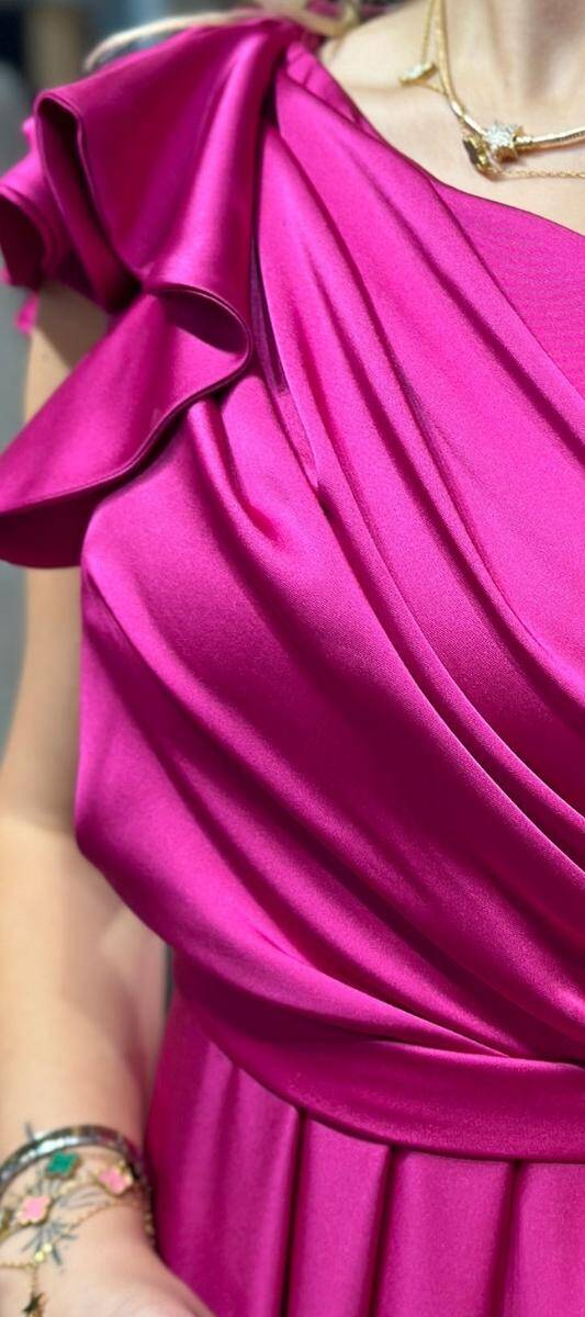 Fuchsia One Shoulder Flared Skirt Satin Long Evening Dress 7501 - 4