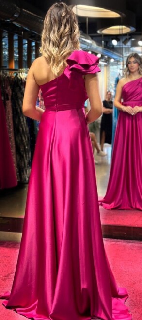 Fuchsia One Shoulder Flared Skirt Satin Long Evening Dress 7501 - 5