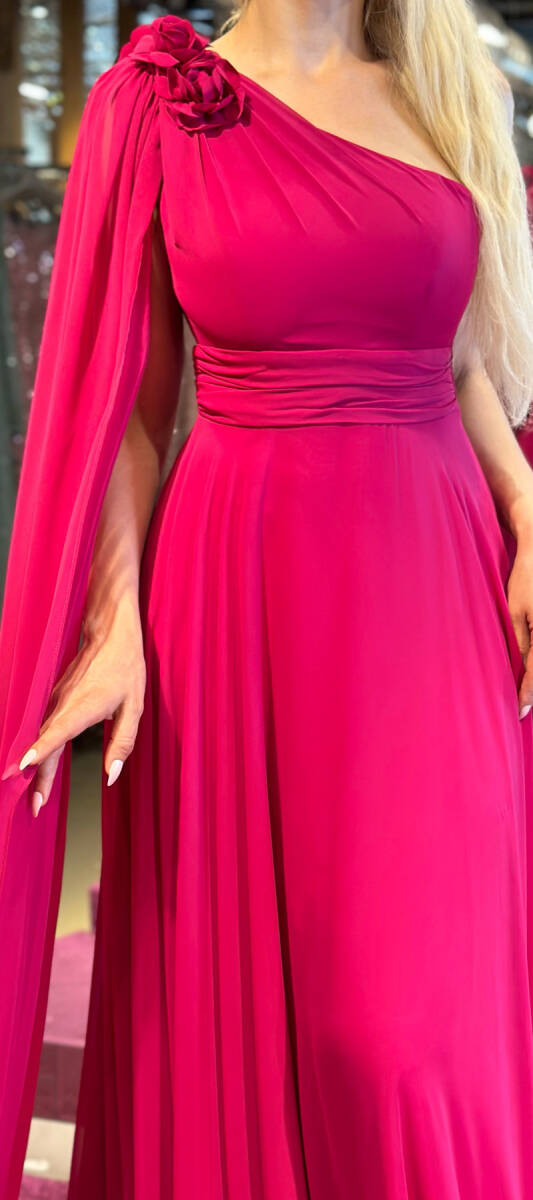 Fuchsia One Shoulder Floral Detailed Flared Skirt Chiffon Long Evening Dress 7401 - 4