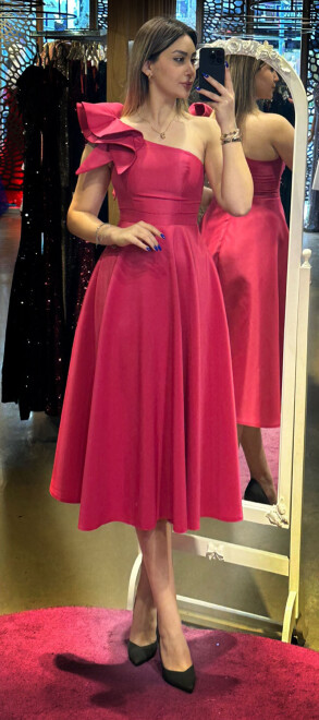 Fuchsia One Shoulder Satin Midi Evening Dress 7466 