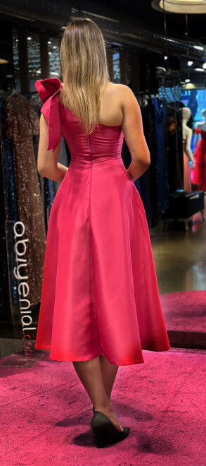 Fuchsia One Shoulder Satin Midi Evening Dress 7466 - 5