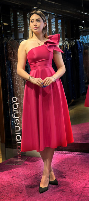 Fuchsia One Shoulder Satin Midi Evening Dress 7466 - 3