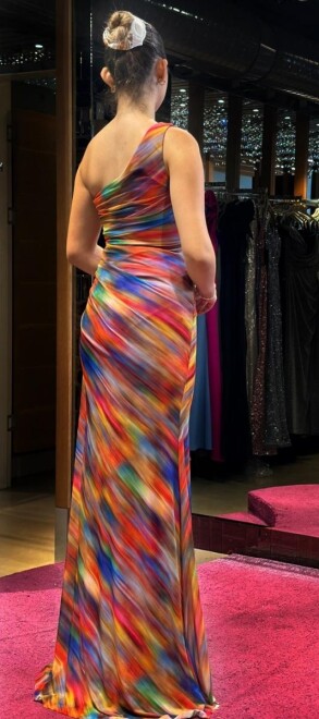 Fuchsia One Shoulder Slit Patterned Long Evening Dress 7591 - 5