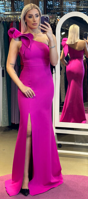 Fuchsia One Shoulder Slit Straight Cut Crepe Long Evening Dress 6956 - 1