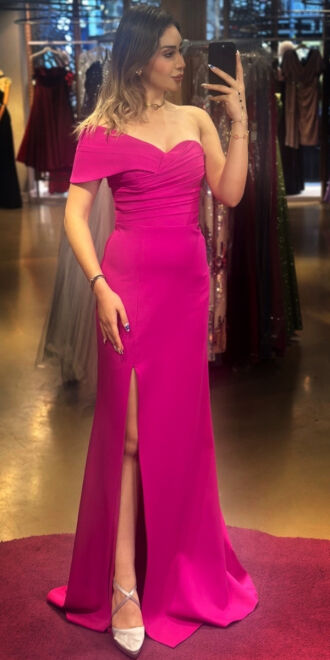 Fuchsia One Shoulder Slit Straight Cut Crepe Long Evening Dress 7571 