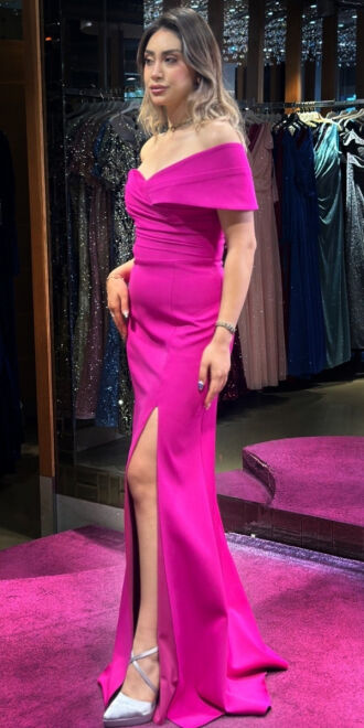 Fuchsia One Shoulder Slit Straight Cut Crepe Long Evening Dress 7571 - 3