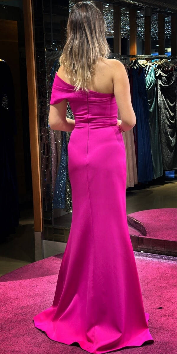 Fuchsia One Shoulder Slit Straight Cut Crepe Long Evening Dress 7571 - 5