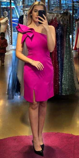 Fuchsia One Shoulder Slit Straight Cut Crepe Short Evening Dress 7554 - 1