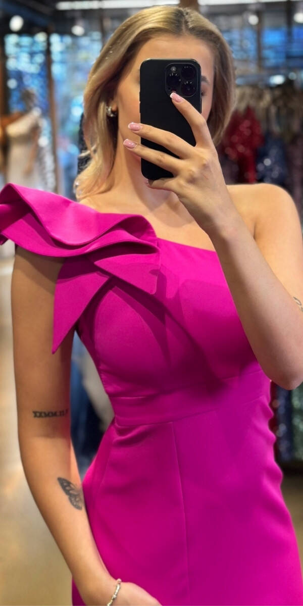 Fuchsia One Shoulder Slit Straight Cut Crepe Short Evening Dress 7554 - 2