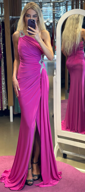 Fuchsia One Shoulder Stone Detailed Wrap Slit Lycra Long Evening Dress 7414 