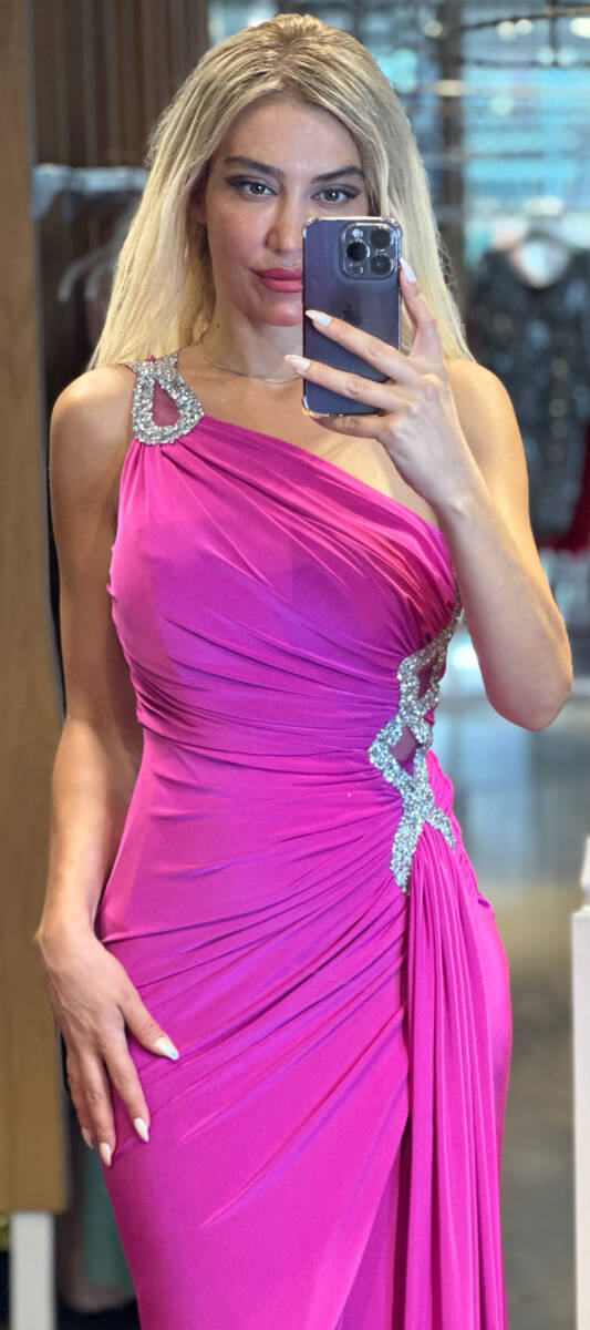 Fuchsia One Shoulder Stone Detailed Wrap Slit Lycra Long Evening Dress 7414 - 2