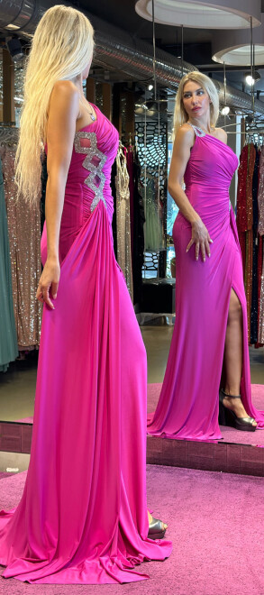 Fuchsia One Shoulder Stone Detailed Wrap Slit Lycra Long Evening Dress 7414 - 3