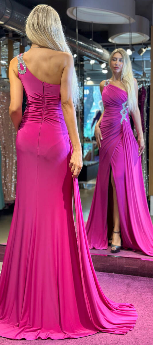 Fuchsia One Shoulder Stone Detailed Wrap Slit Lycra Long Evening Dress 7414 - 5