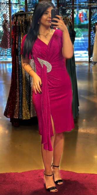 Fuchsia Short Sleeve Stone Detailed Straight Cut Glitter Midi Evening Dress 7514 