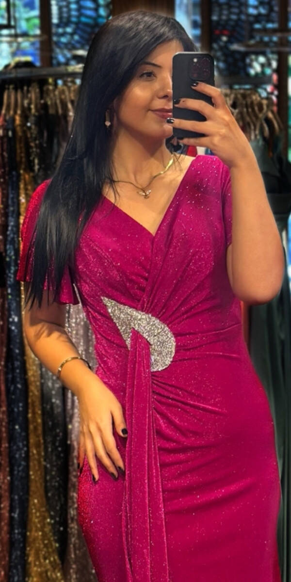 Fuchsia Short Sleeve Stone Detailed Straight Cut Glitter Midi Evening Dress 7514 - 2