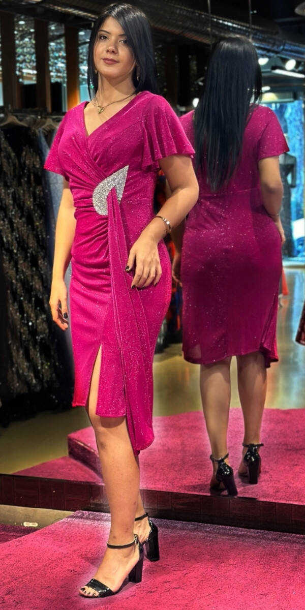 Fuchsia Short Sleeve Stone Detailed Straight Cut Glitter Midi Evening Dress 7514 - 3