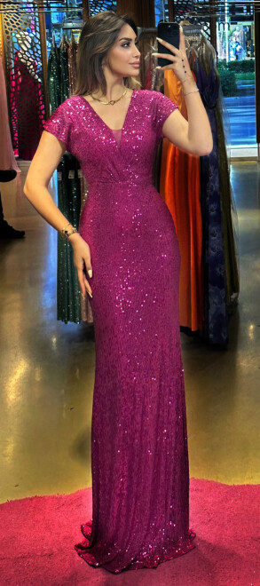 Fuchsia Short Sleeve Straight Cut Sequin Long Evening Dress 7499 