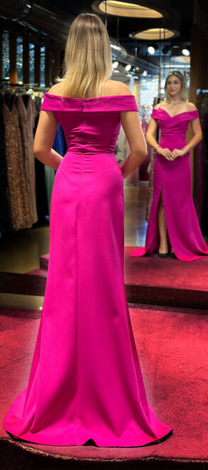 Fuchsia Slit Mermaid Skirt Crepe Long Evening Dress 7507 - 5