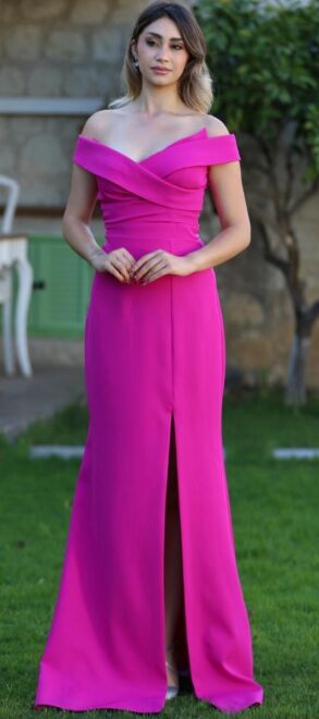 Fuchsia Slit Mermaid Skirt Crepe Long Evening Dress 7507 