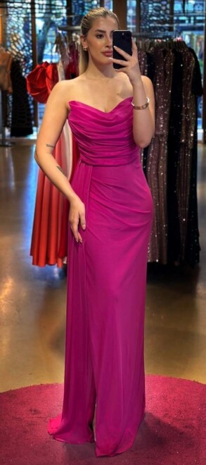 Fuchsia Slit Straight Cut Long Evening Dress 7498 