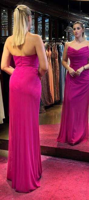 Fuchsia Slit Straight Cut Long Evening Dress 7498 - 4