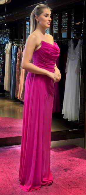 Fuchsia Slit Straight Cut Long Evening Dress 7498 - 2