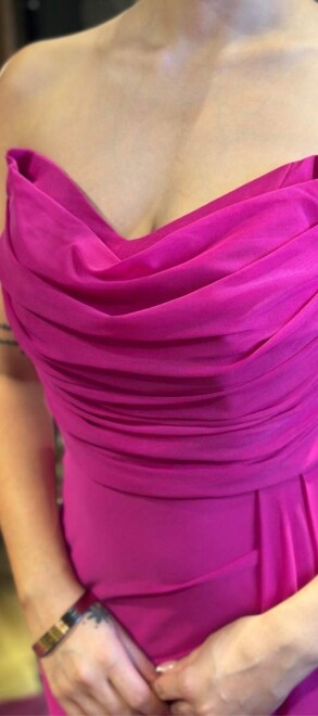 Fuchsia Slit Straight Cut Lycra Long Evening Dress 7498 - 3